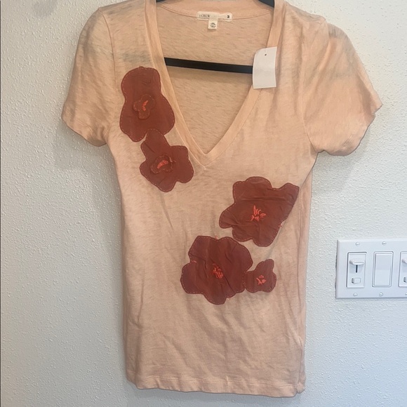 J. Crew Tops - J. Crew Peach V-Neck Tee with Red Floral Accents NWT